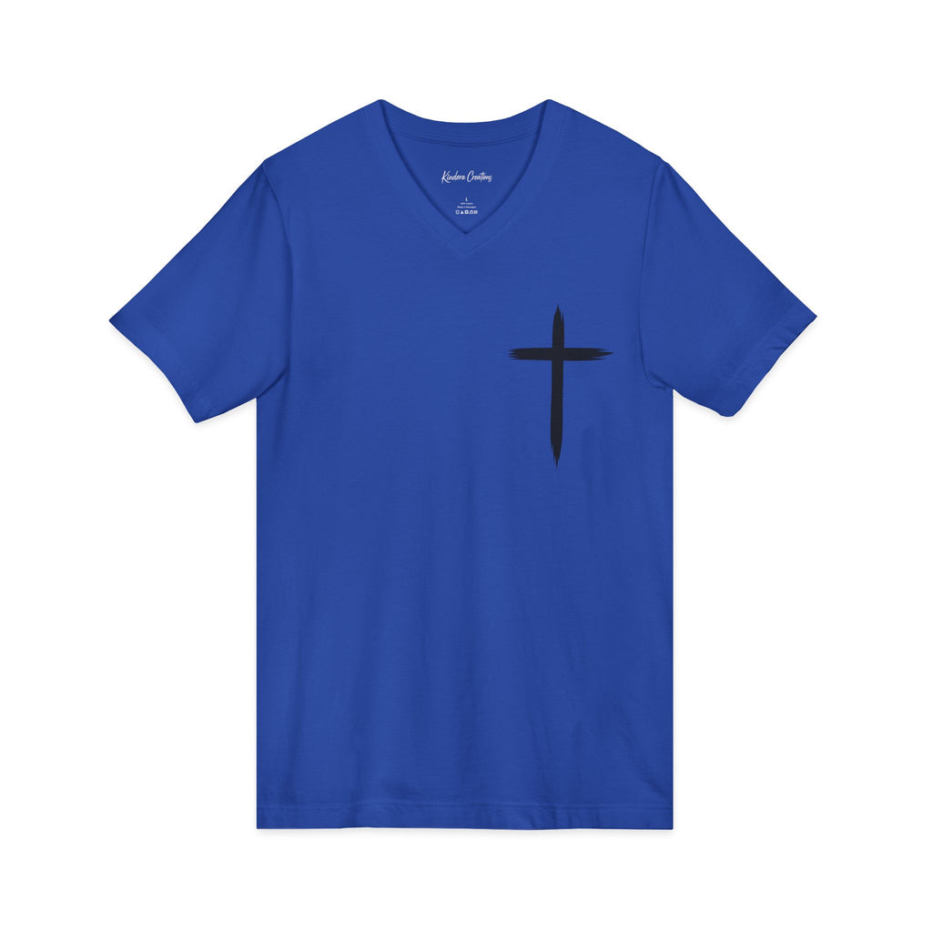 Christian V-Neck Tee — "Even If He Doesn't, He's Still Good" Cross Shirt (Psalm 118:18)