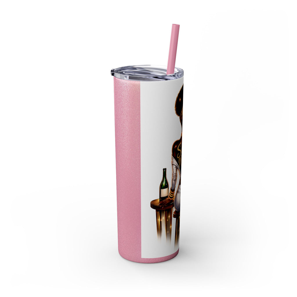 Skinny Tumbler - "Self Made" Afrocentric Woman Wine Glass Design, 20oz Straw Tumbler