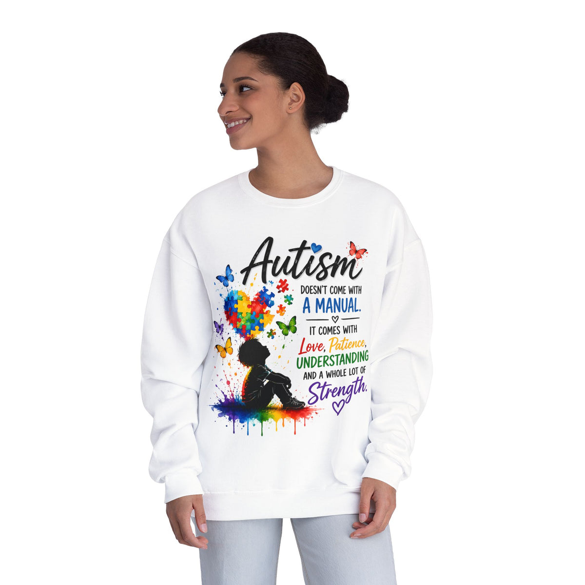 Autism Awareness Crewneck Sweatshirt — "Autism Doesn't Come With a Manual" Colorful Puzzle Heart Design