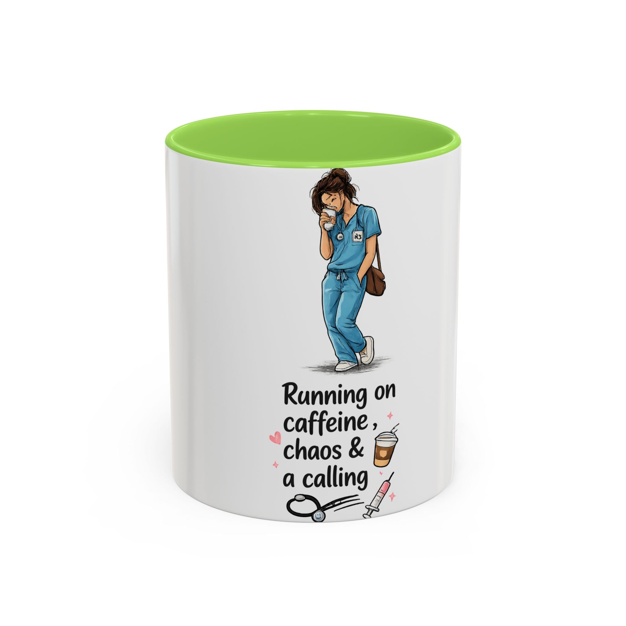 Nurse Mug — "Running on Caffeine, Chaos & a Calling" Color Accent Coffee Cup (11oz/15oz)