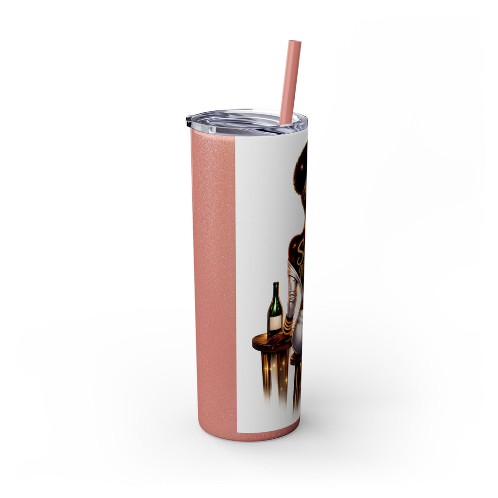 Skinny Tumbler - "Self Made" Afrocentric Woman Wine Glass Design, 20oz Straw Tumbler
