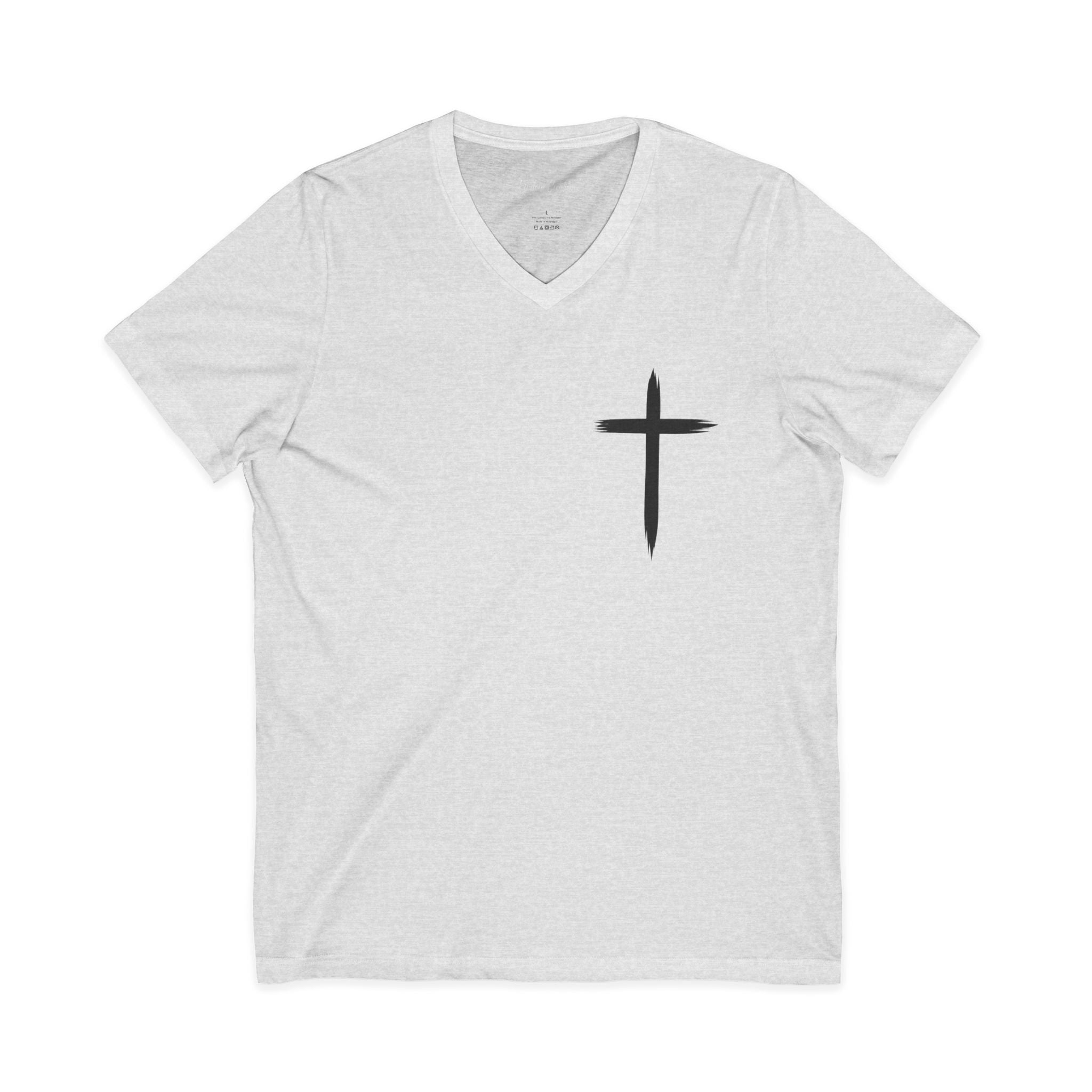 Christian V-Neck Tee — "Even If He Doesn't, He's Still Good" Cross Shirt (Psalm 118:18)