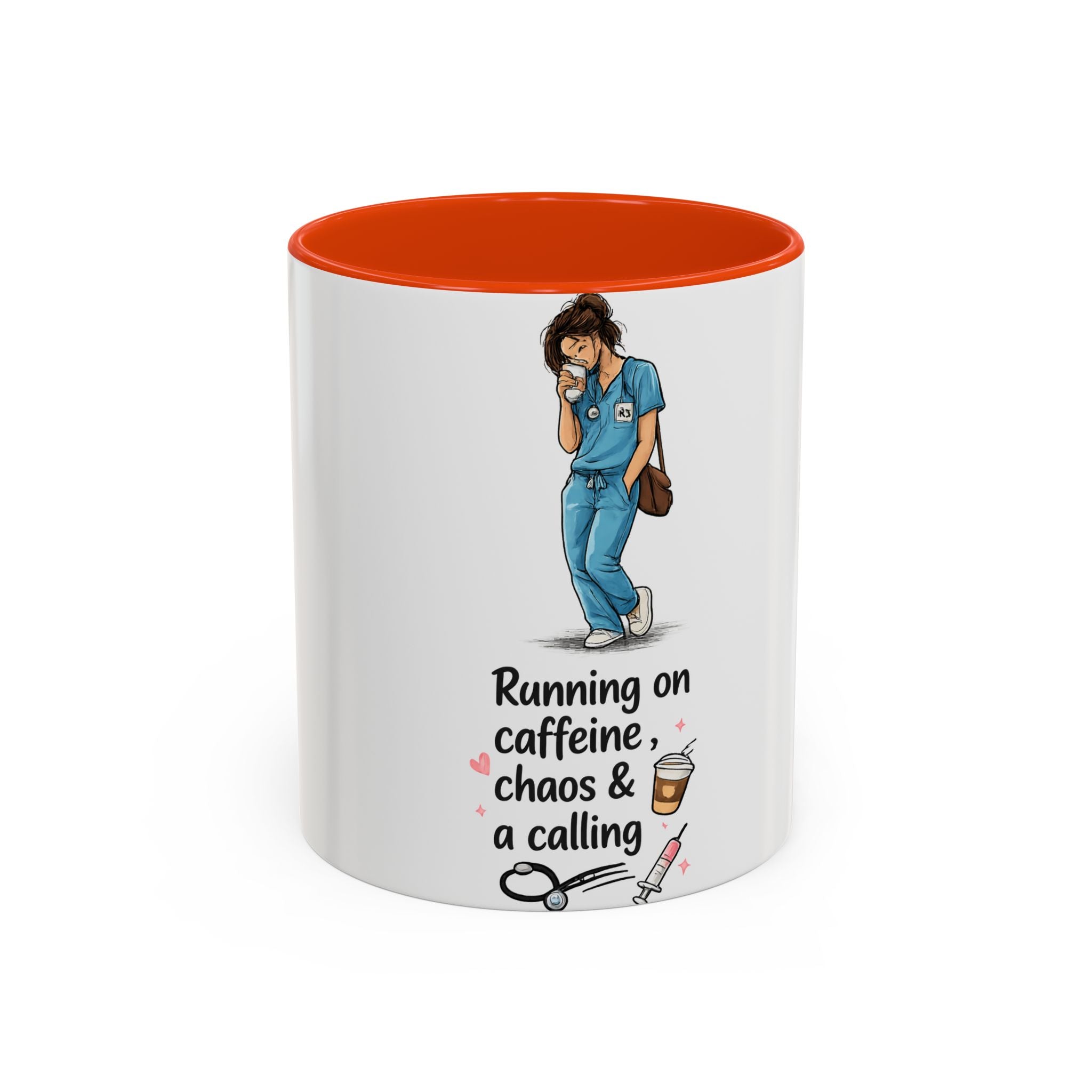 Nurse Mug — "Running on Caffeine, Chaos & a Calling" Color Accent Coffee Cup (11oz/15oz)