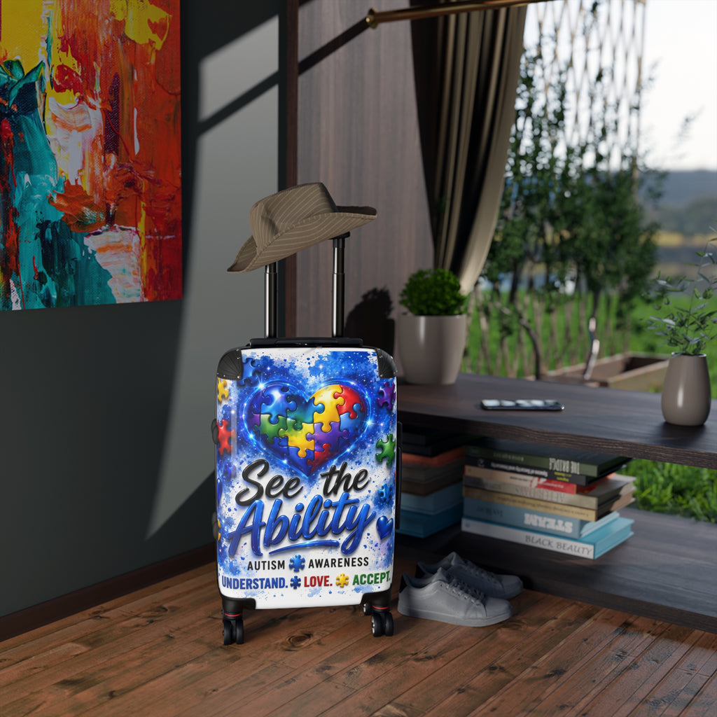 Autism Awareness Suitcase - "See the Ability" Puzzle Heart Travel Luggage