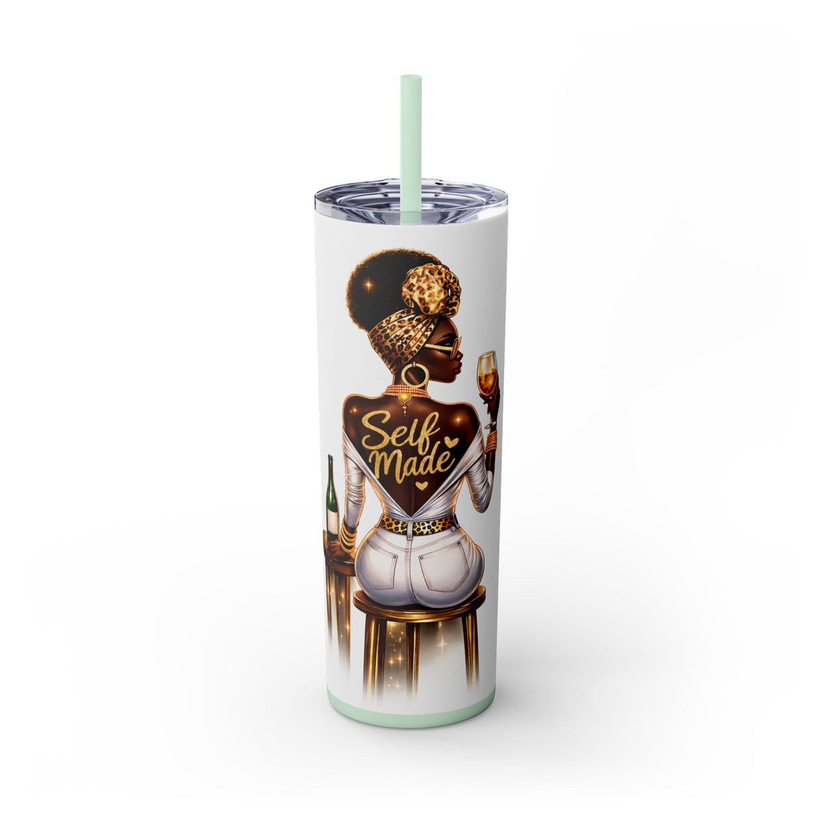Skinny Tumbler - "Self Made" Afrocentric Woman Wine Glass Design, 20oz Straw Tumbler