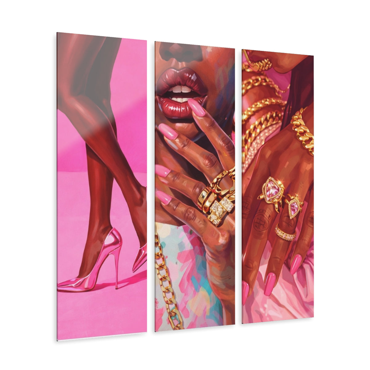 Pink Luxe Triptych Acrylic Wall Art — Glam Heels & Gold Jewelry