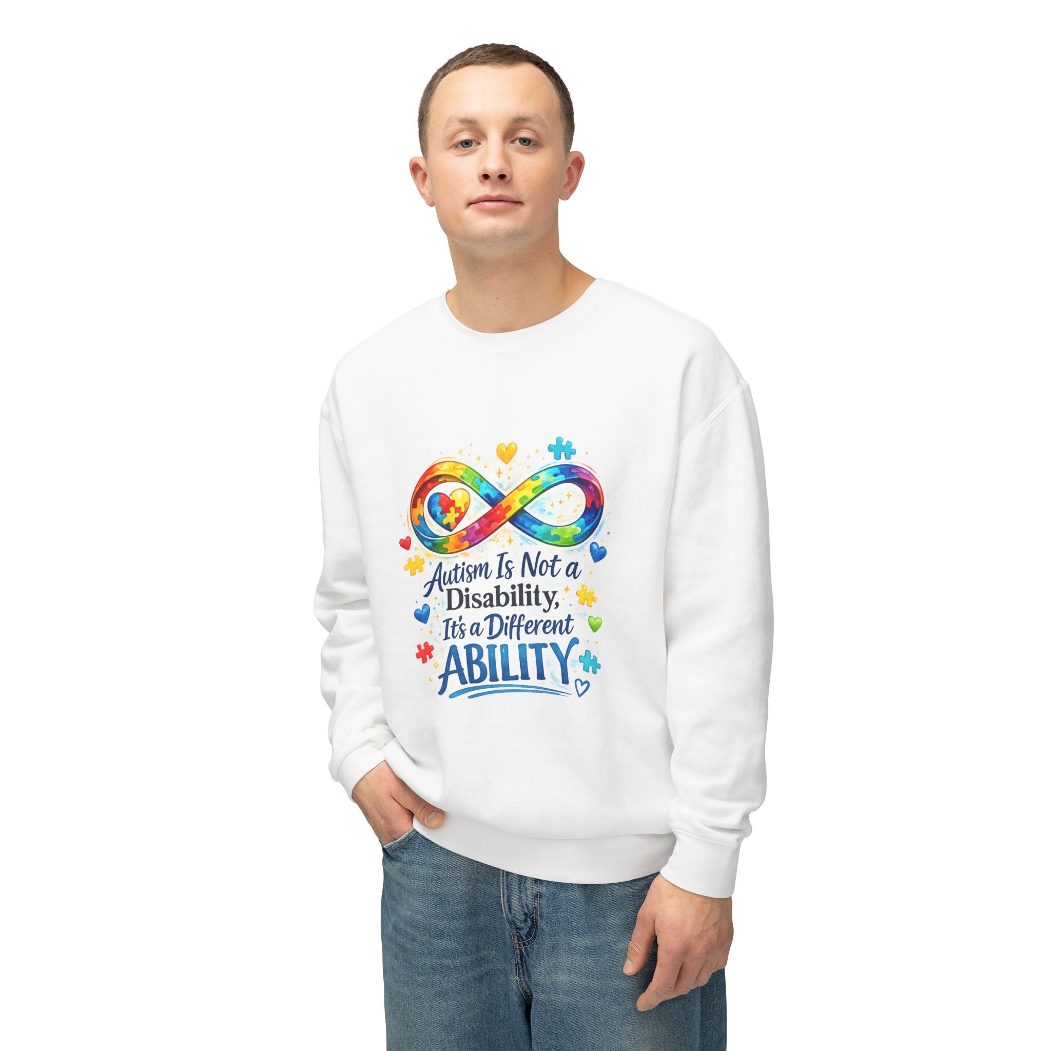 Autism Awareness Crewneck Sweatshirt — "Autism Is Not a Disability, It's a Different Ability"