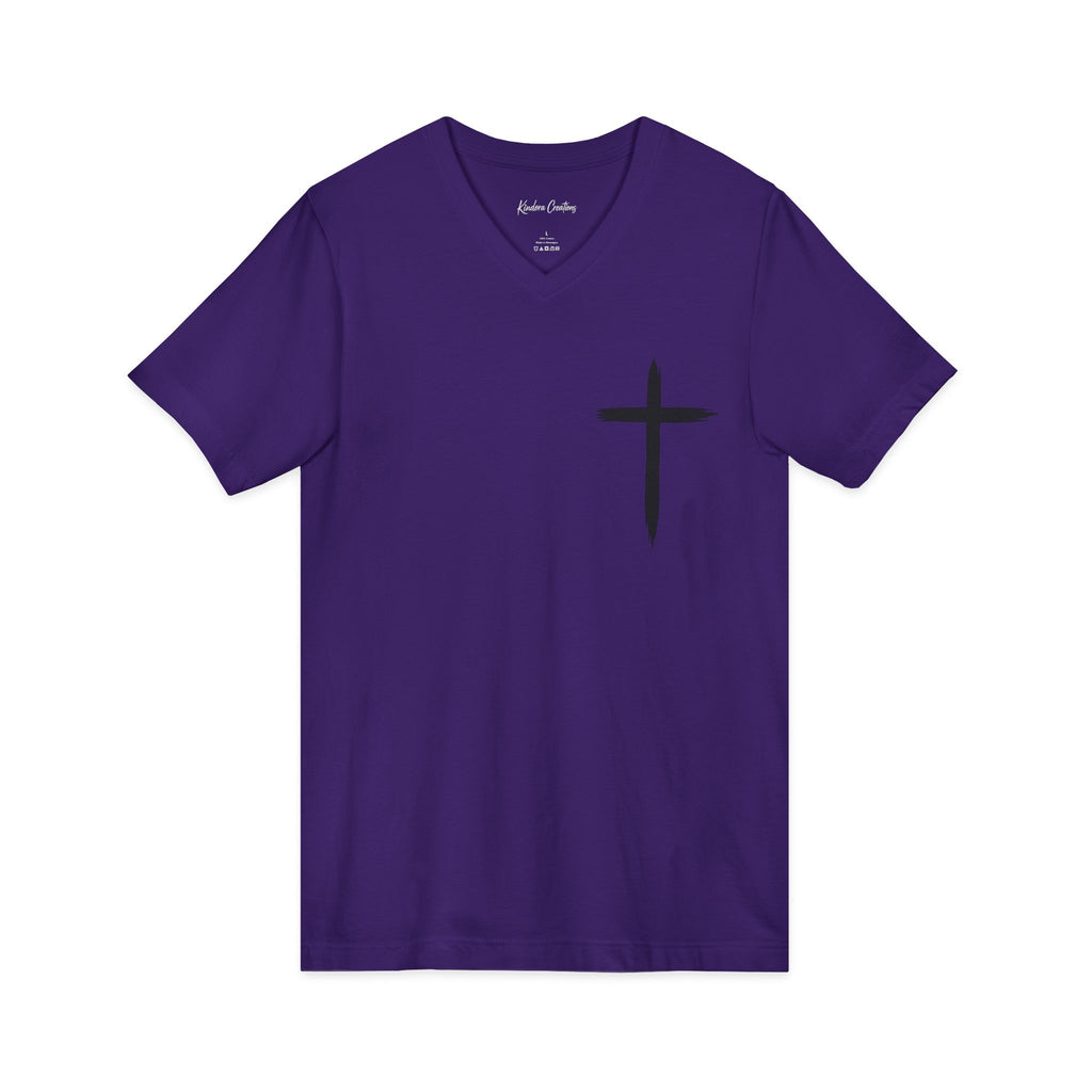 Christian V-Neck Tee — "Even If He Doesn't, He's Still Good" Cross Shirt (Psalm 118:18)