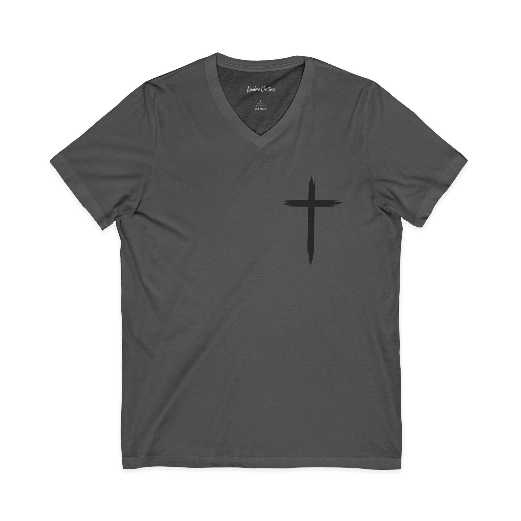 Christian V-Neck Tee — "Even If He Doesn't, He's Still Good" Cross Shirt (Psalm 118:18)