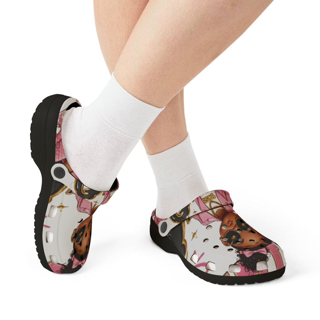Kids’ EVA Foam Clog Shoes — Cute Girl Character Print, Pink Accents