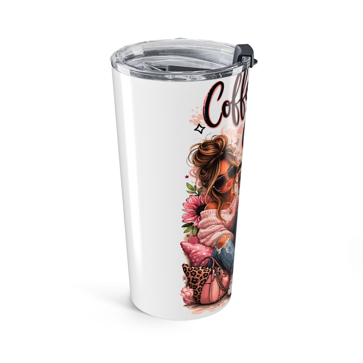 Coffee Confidence Tumbler 20oz | Phrase Drinkware, Pink Girl Illustration