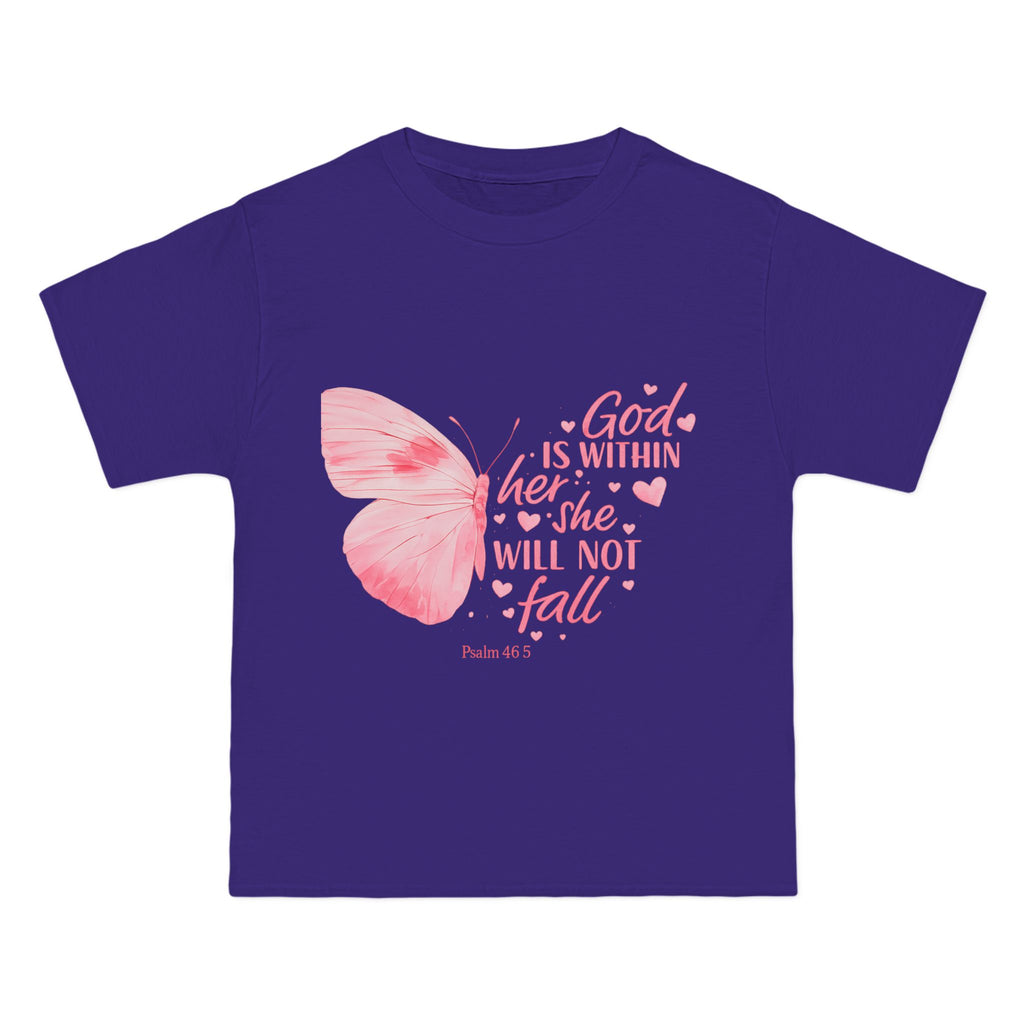 Inspirational Christian T-Shirt — "God Is With Her; She Will Not Fall" (Pink Butterfly)