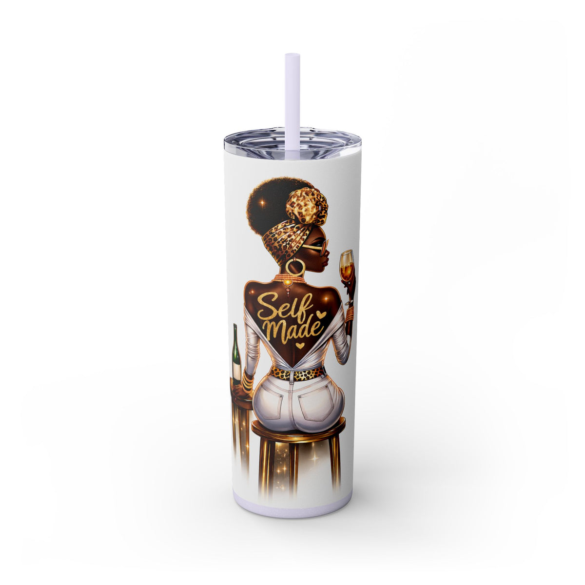 Skinny Tumbler - "Self Made" Afrocentric Woman Wine Glass Design, 20oz Straw Tumbler