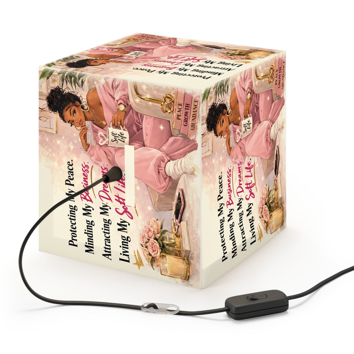 Inspirational Pink Relaxation Light Cube Lamp — "Protecting My Peace" Motivational Decor