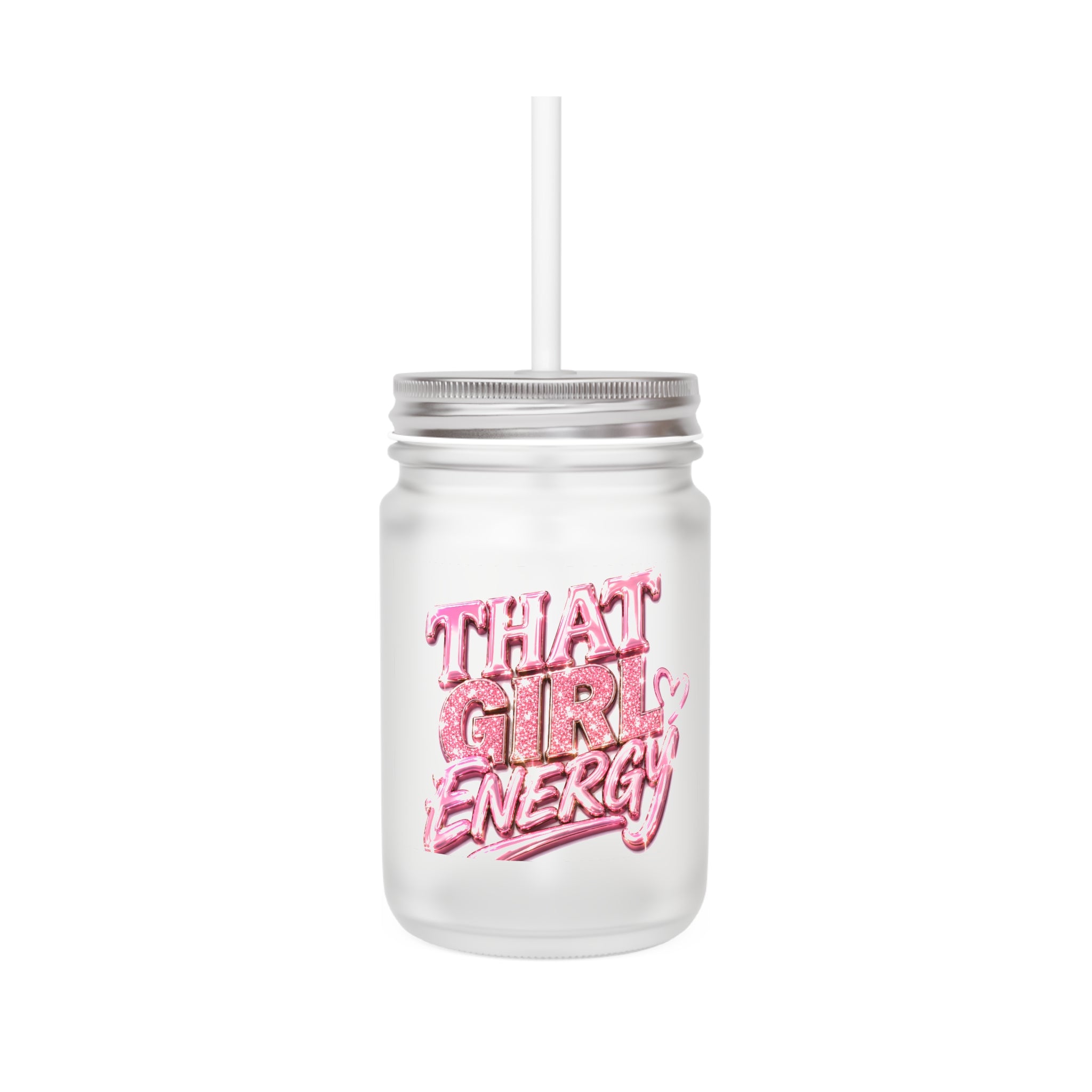That Girl Energy Mason Jar Tumbler — Pink Retro Graphic Mason Jar Cup with Straw