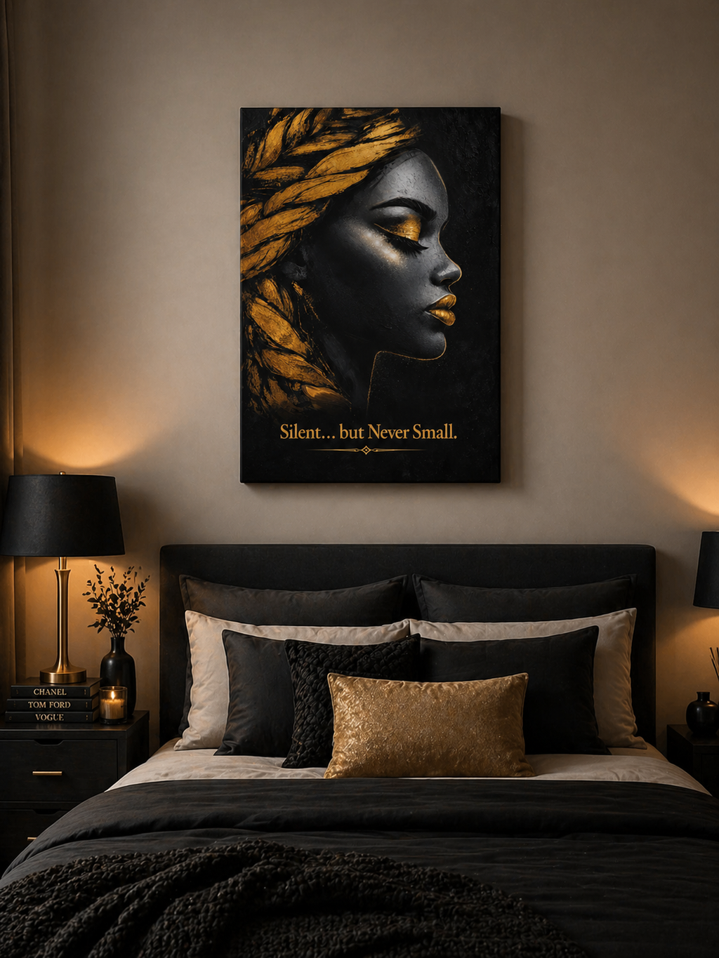 Silent... but Never Small – Gold & Black Portrait Canvas Art