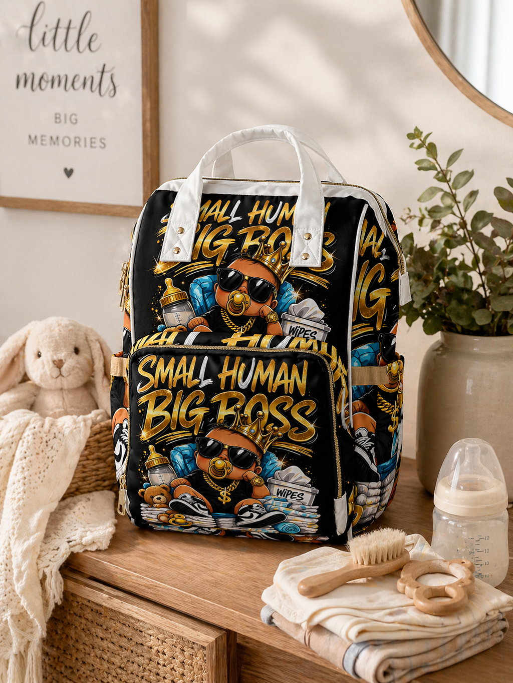 Diaper Backpack — "Small Human Big Boss" Multifunctional Baby Bag