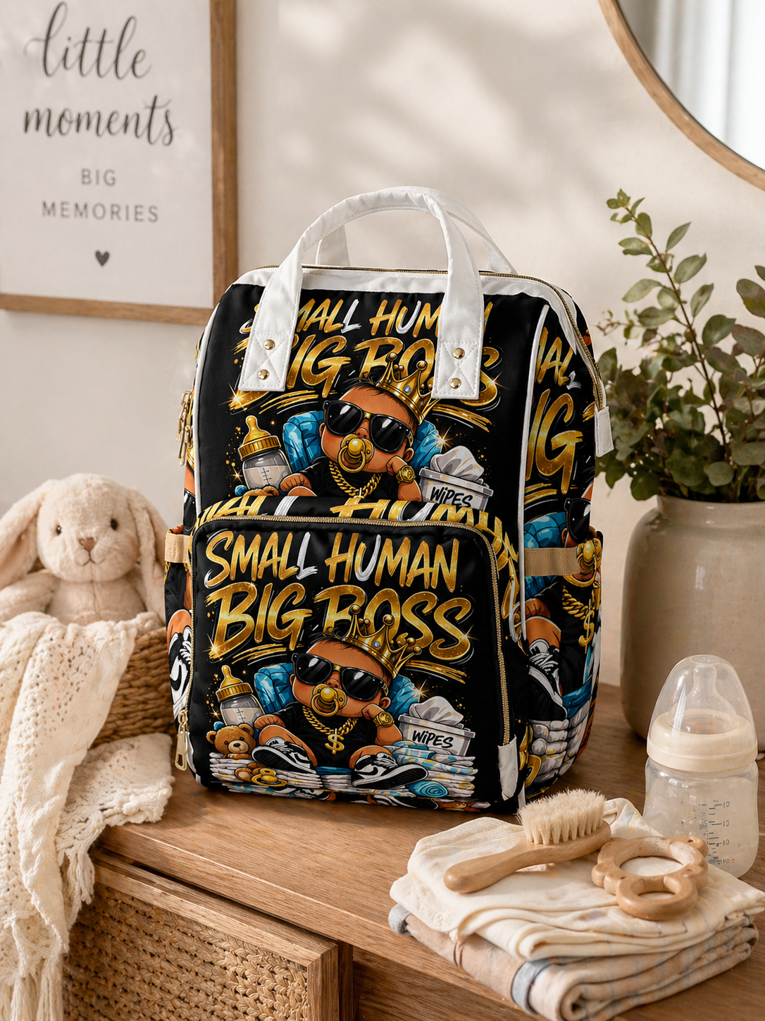 Diaper Backpack — "Small Human Big Boss" Multifunctional Baby Bag