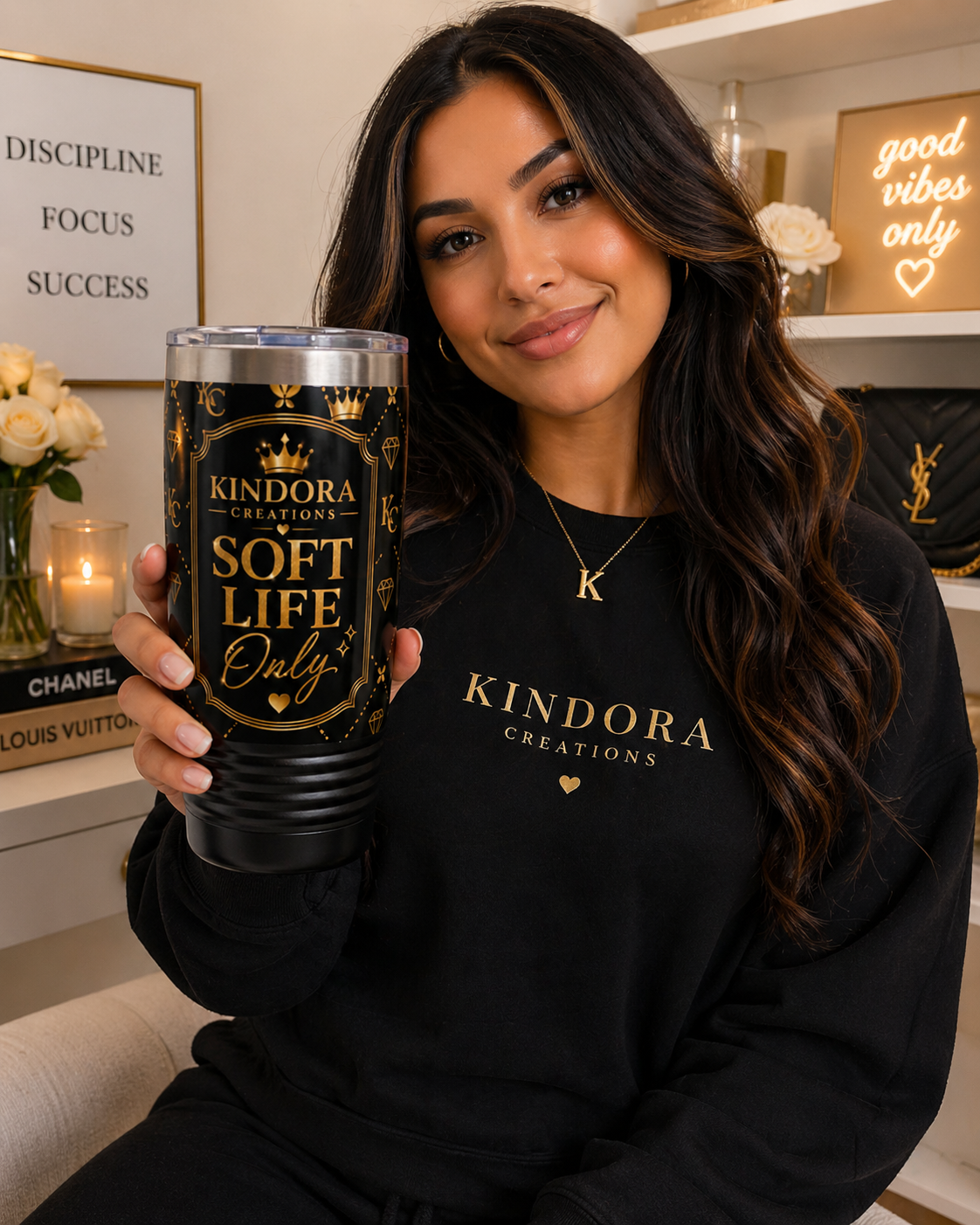 Soft Life Only Tumbler 💎 | Luxury Black & Gold Glam Cup | Pretty Girl Era Aesthetic Travel Mug (20oz)