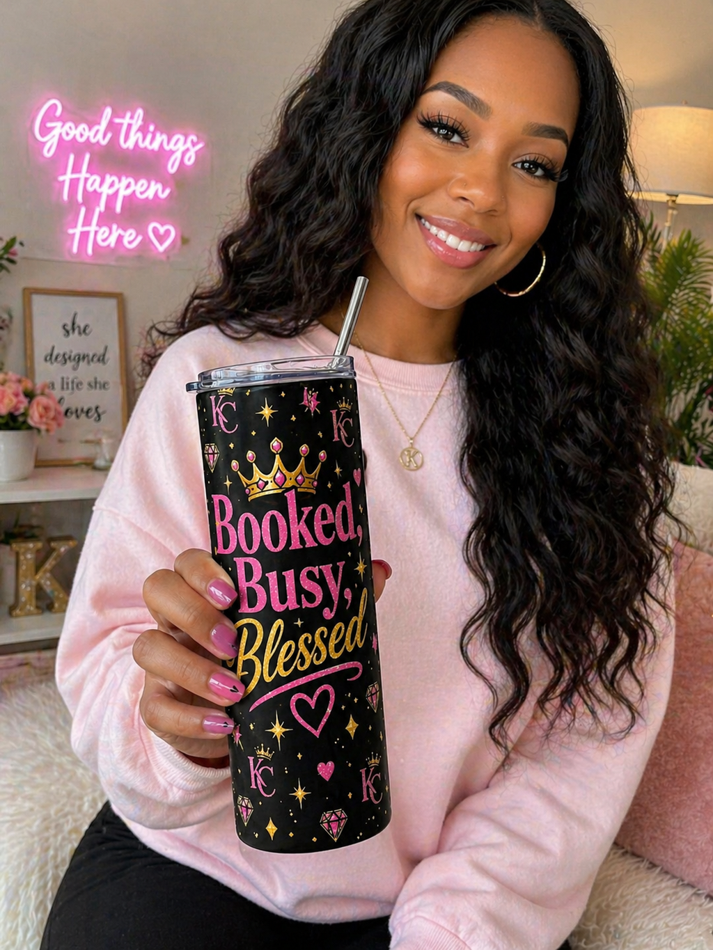 Booked Busy Blessed Tumbler ✨ | Black & Pink Luxury Aesthetic Cup | Insulated Travel Mug (20oz)