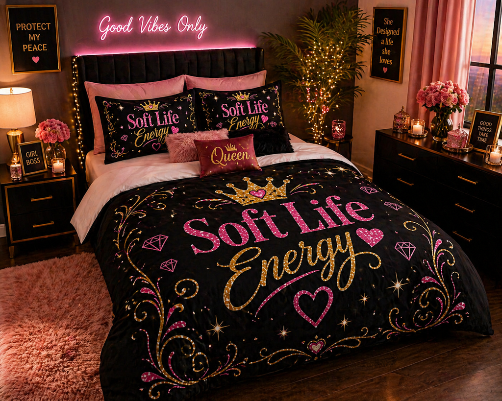 Soft Life Energy Comforter Set 💖 | Black, Pink & Gold Glam Bedroom Decor | Luxury Aesthetic Bedding