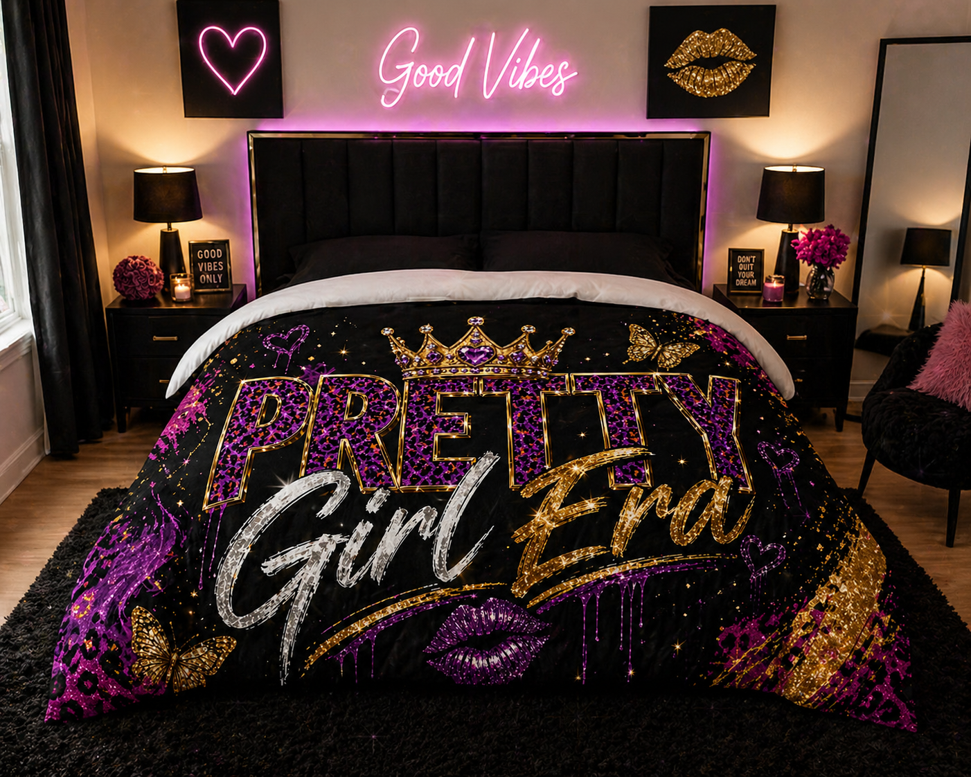 Pretty Girl Era Comforter Set 💜 | Black, Purple & Gold Glam Bedding | Bold Aesthetic Bedroom Decor