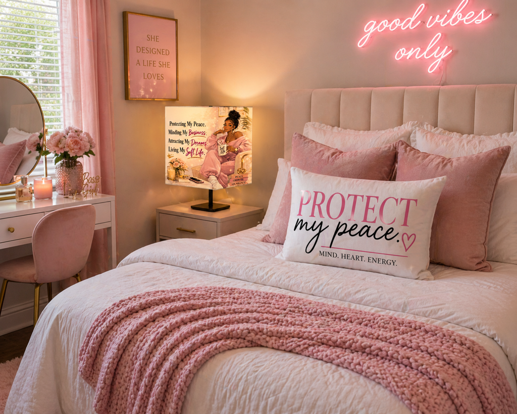 Protect My Peace Decorative Pillow with Matching Lamp | Aesthetic Bedroom Decor Set | Soft Life Room Vibes | Motivational Home Accent