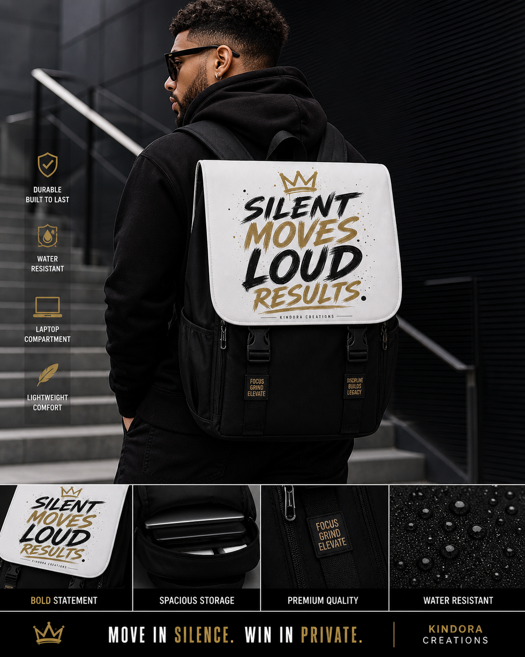 Silent Moves Loud Results Backpack – Motivational Streetwear Laptop Bag for Men