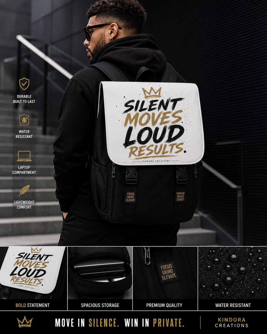 Silent Moves Loud Results Backpack – Motivational Streetwear Laptop Bag for Men