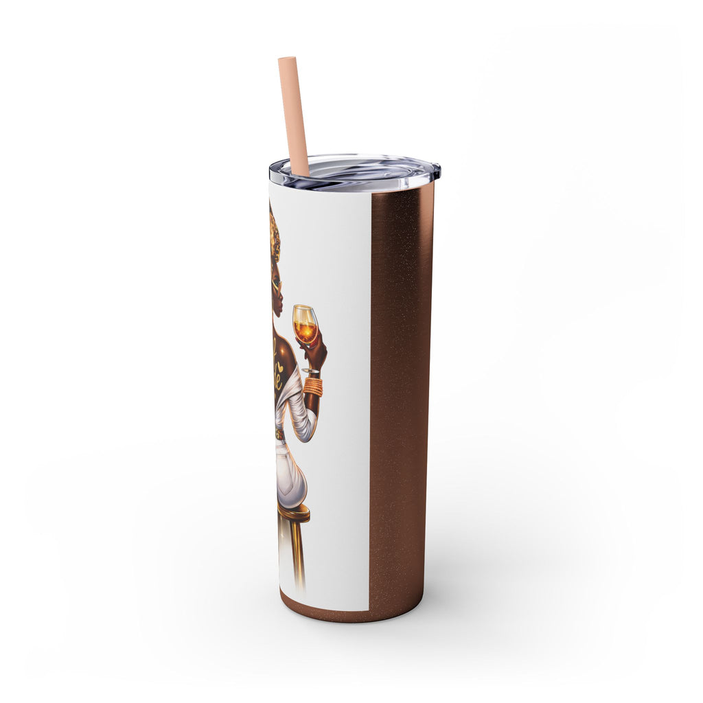 Skinny Tumbler - "Self Made" Afrocentric Woman Wine Glass Design, 20oz Straw Tumbler