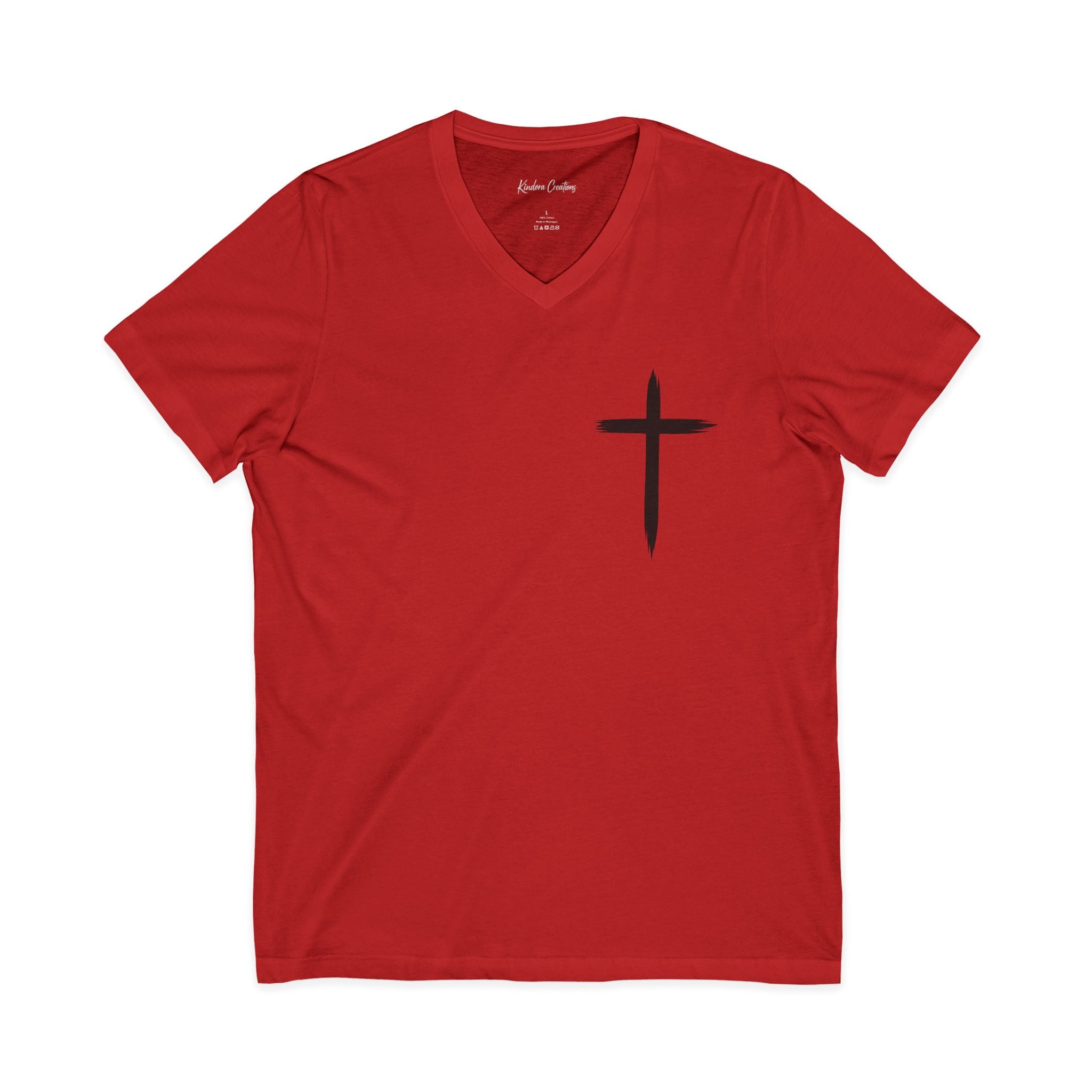 Christian V-Neck Tee — "Even If He Doesn't, He's Still Good" Cross Shirt (Psalm 118:18)