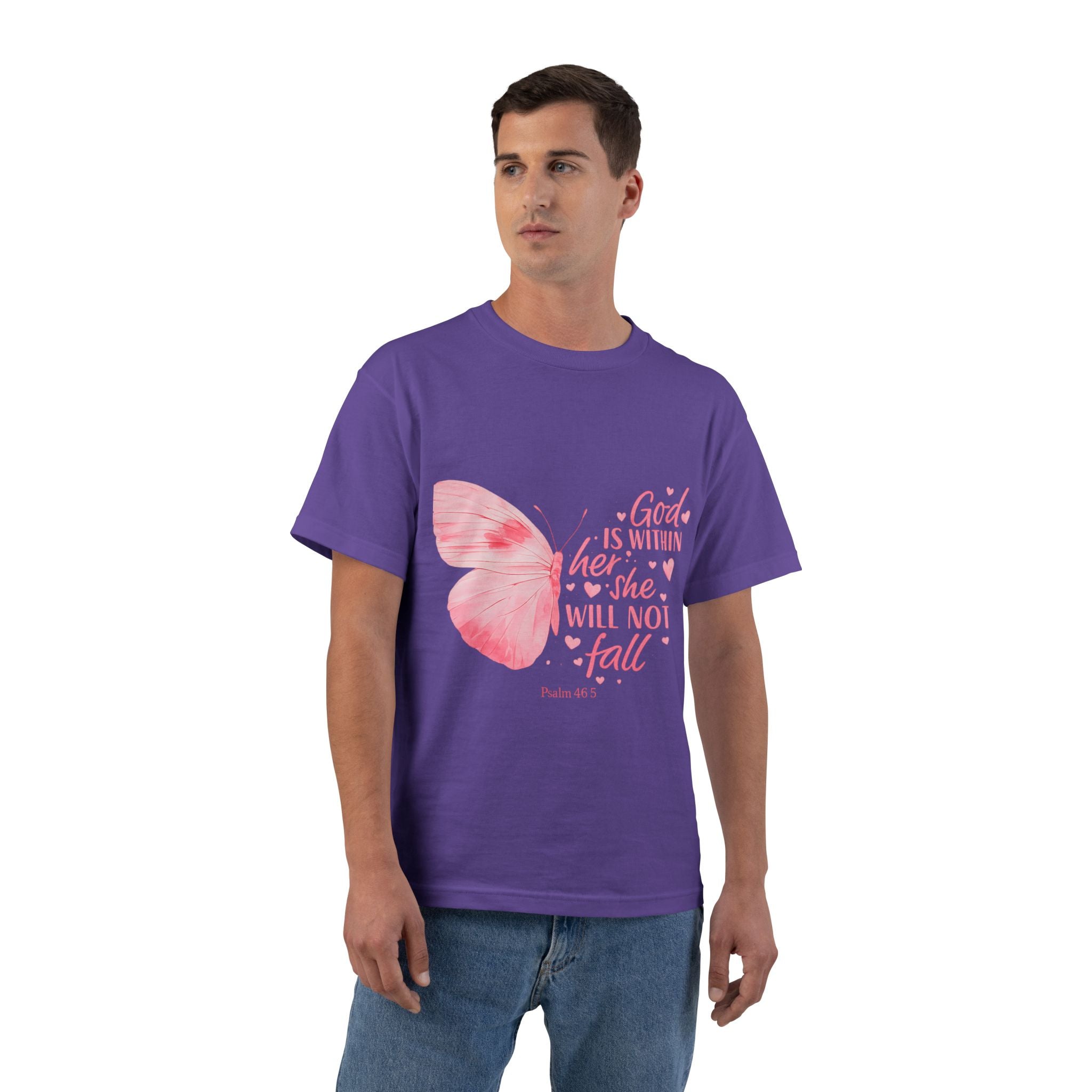 Inspirational Christian T-Shirt — "God Is With Her; She Will Not Fall" (Pink Butterfly)