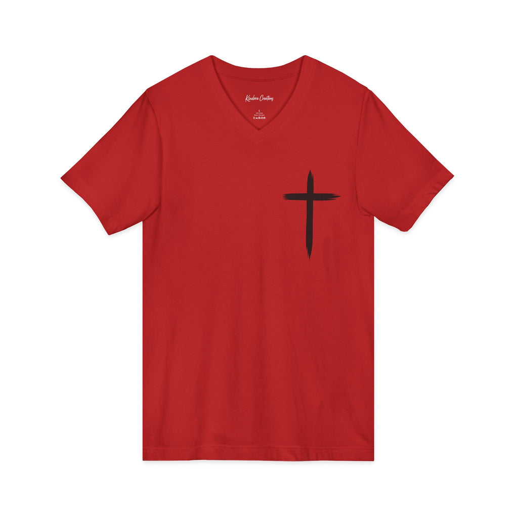 Christian V-Neck Tee — "Even If He Doesn't, He's Still Good" Cross Shirt (Psalm 118:18)