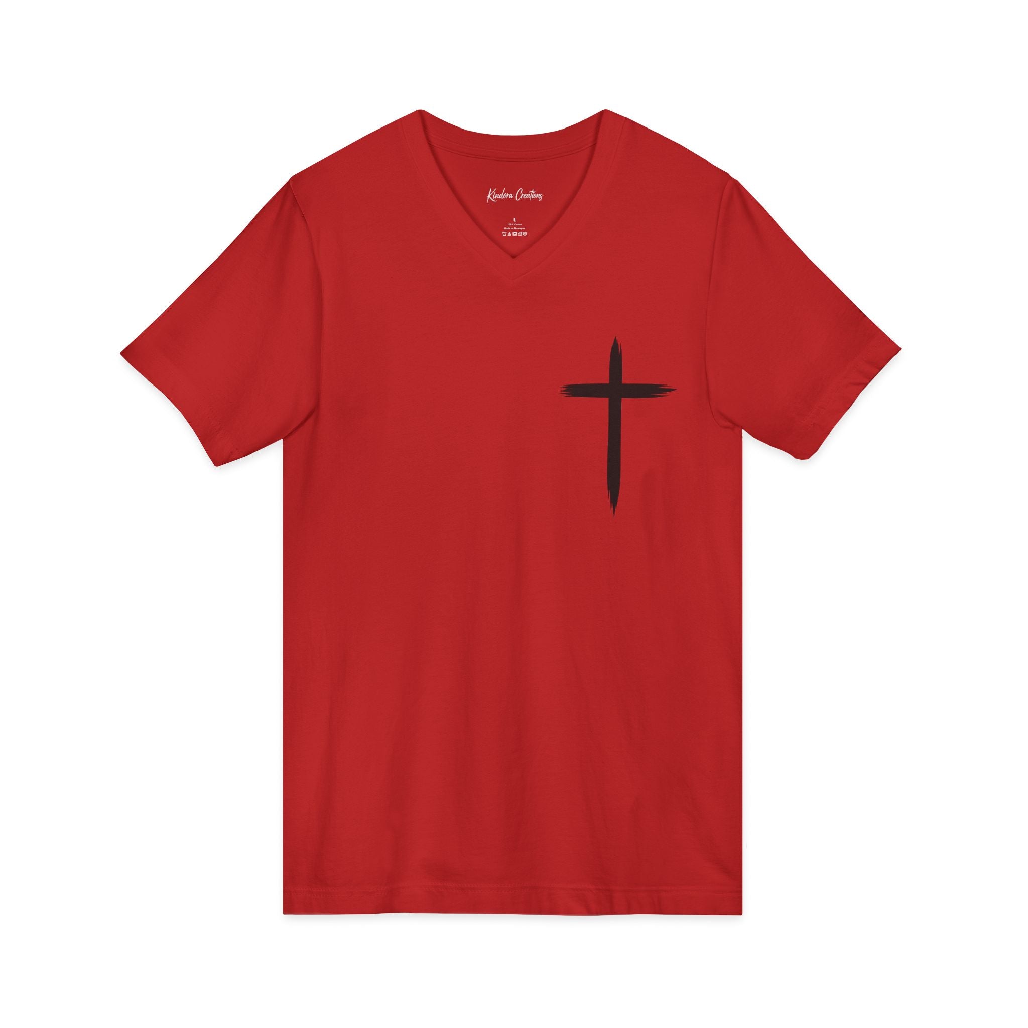 Christian V-Neck Tee — "Even If He Doesn't, He's Still Good" Cross Shirt (Psalm 118:18)