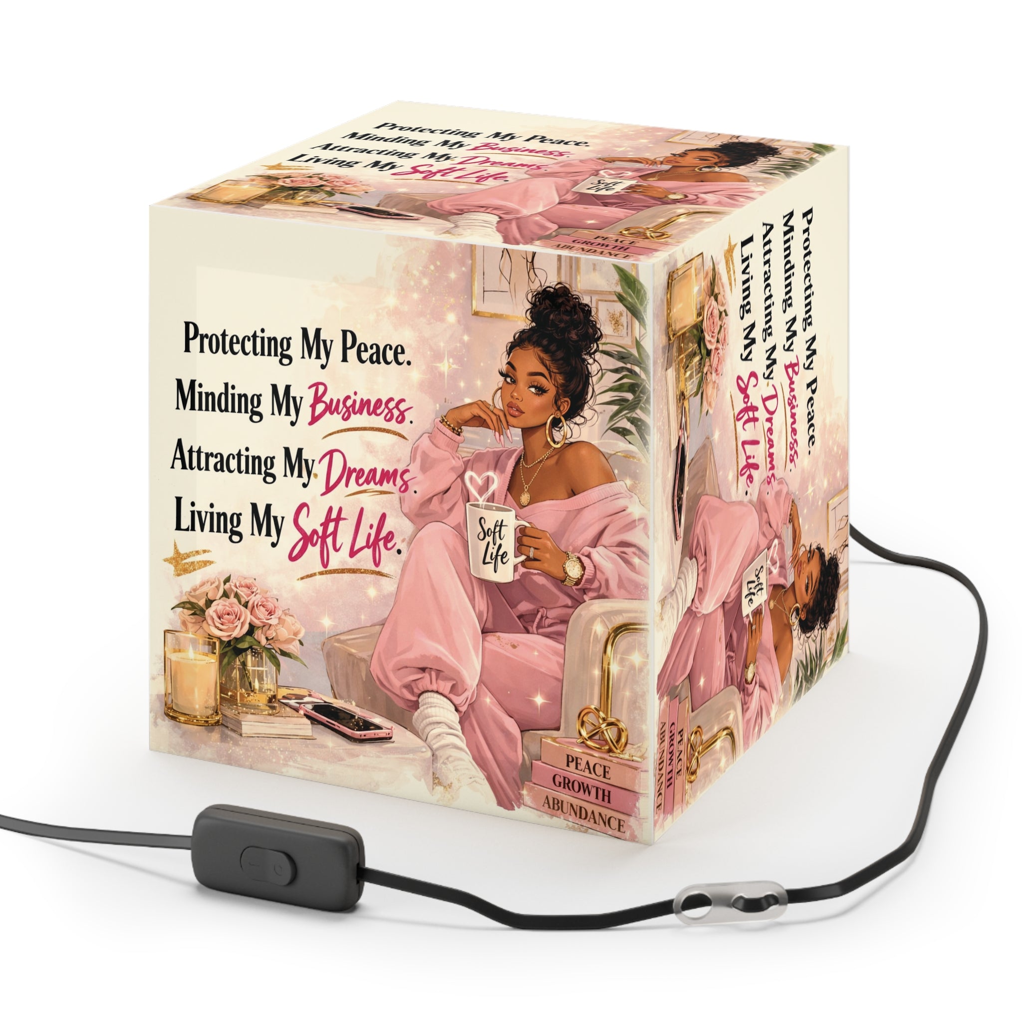 Inspirational Pink Relaxation Light Cube Lamp — "Protecting My Peace" Motivational Decor
