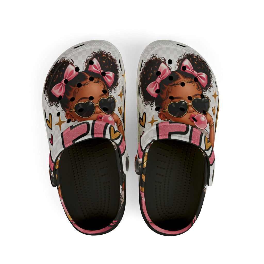 Kids Foam Clogs — Cute Afro Puff Girl Design with Pink Bows