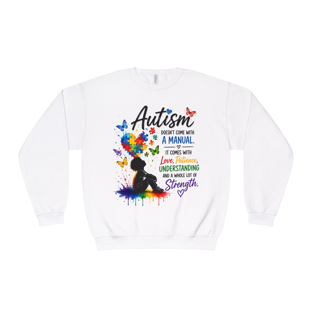 Autism Awareness Crewneck Sweatshirt — "Autism Doesn't Come With a Manual" Colorful Puzzle Heart Design