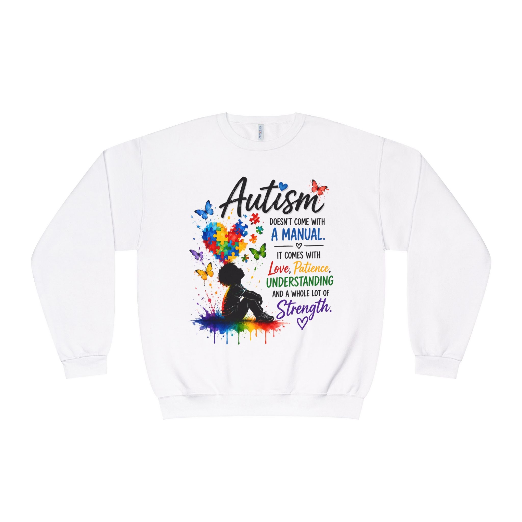 Autism Awareness Crewneck Sweatshirt — "Autism Doesn't Come With a Manual" Colorful Puzzle Heart Design