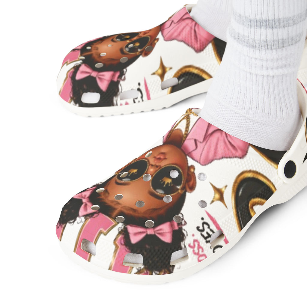 Kids’ EVA Foam Clog Shoes — Cute Girl Character Print, Pink Accents
