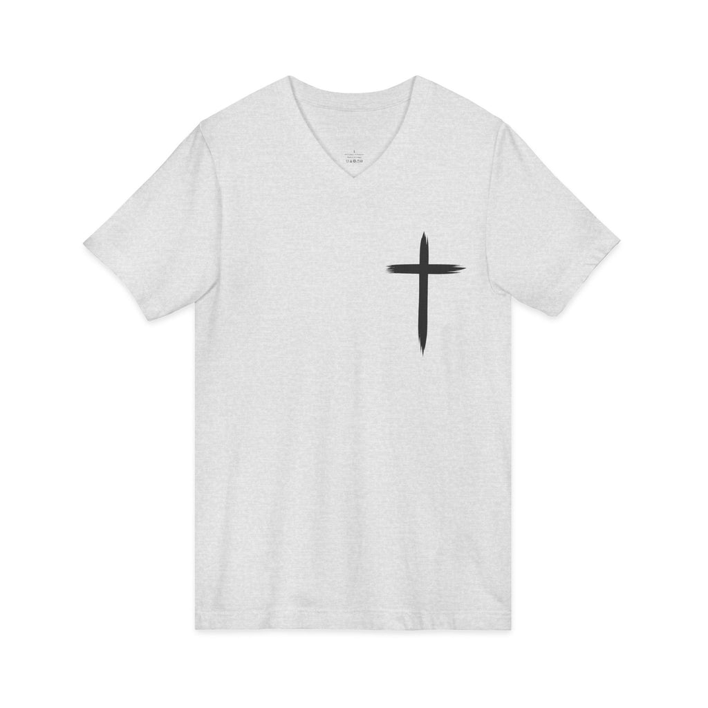 Christian V-Neck Tee — "Even If He Doesn't, He's Still Good" Cross Shirt (Psalm 118:18)