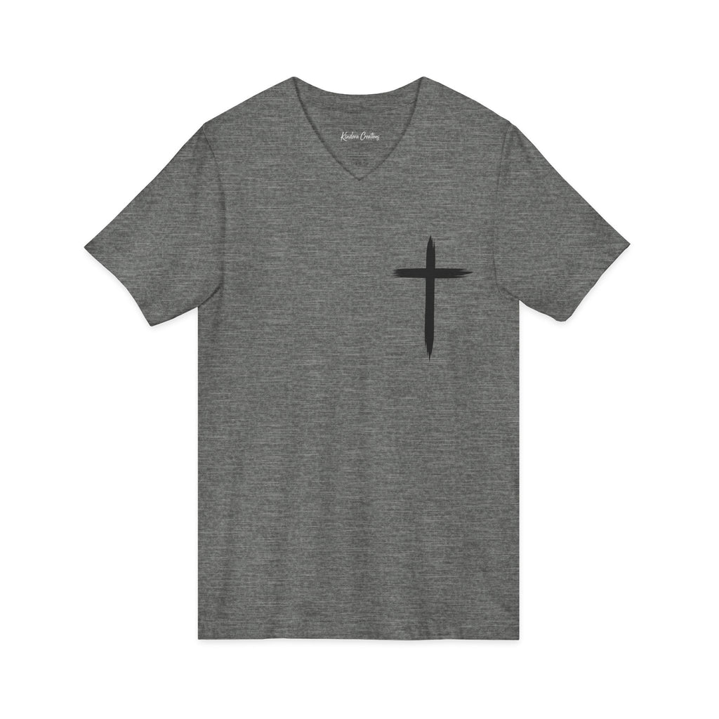 Christian V-Neck Tee — "Even If He Doesn't, He's Still Good" Cross Shirt (Psalm 118:18)