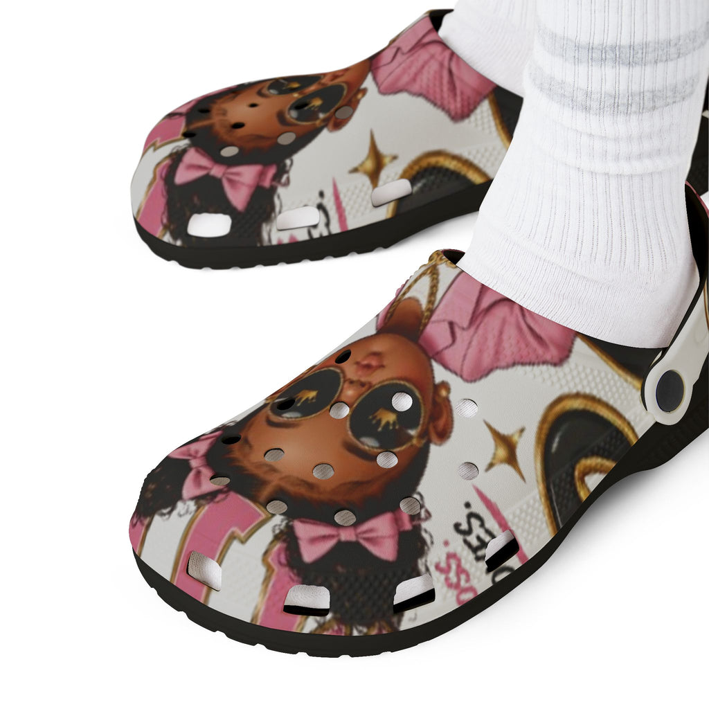 Kids’ EVA Foam Clog Shoes — Cute Girl Character Print, Pink Accents