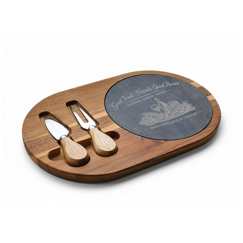 Engraved Acacia Charcuterie Board with Slate Inlay & Cheese Tools — "Good Food, Friends, Good Times"