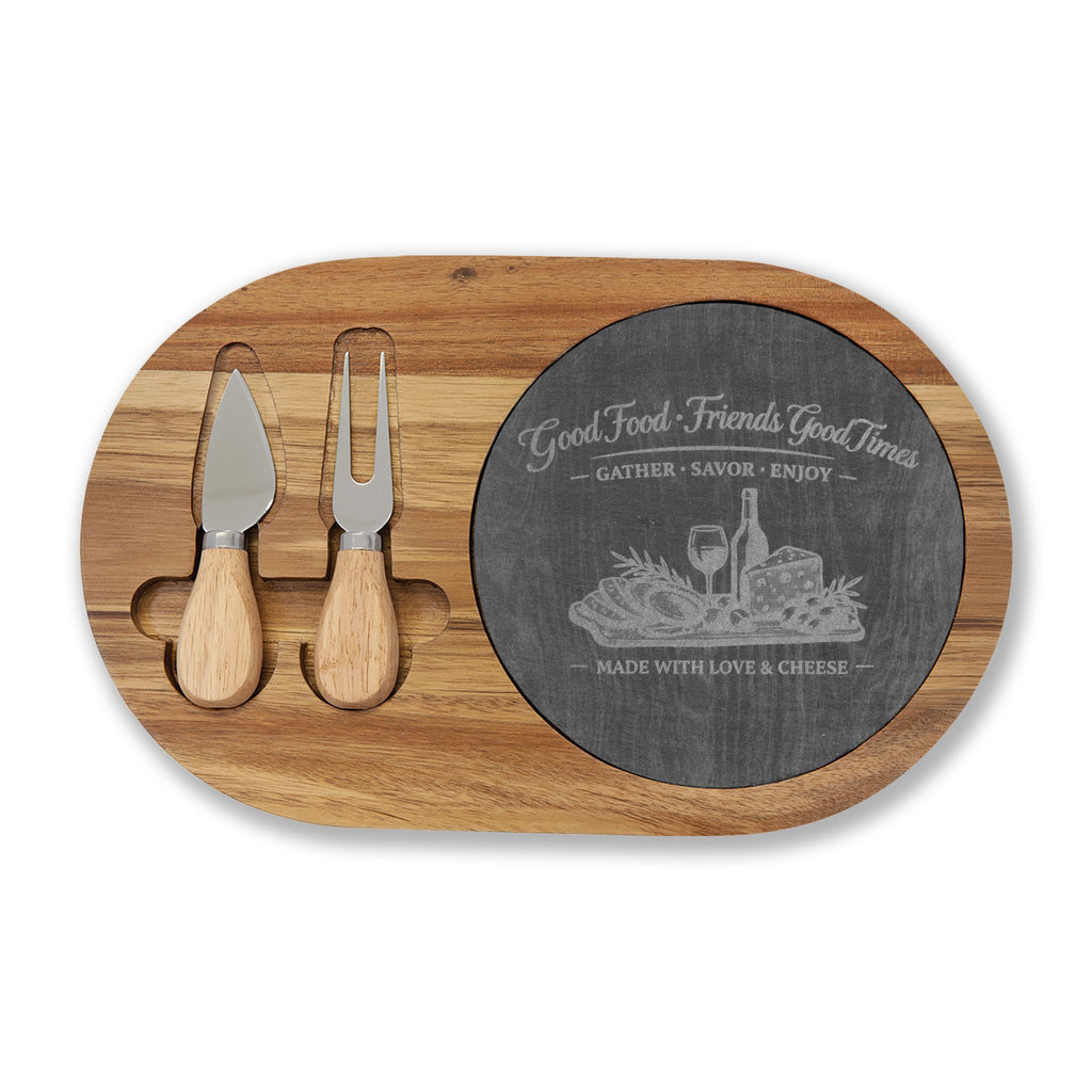 Engraved Acacia Charcuterie Board with Slate Inlay & Cheese Tools — "Good Food, Friends, Good Times"