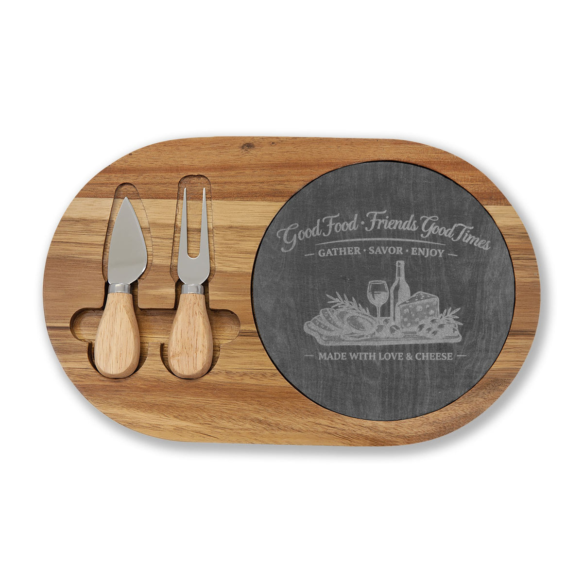 Engraved Acacia Charcuterie Board with Slate Inlay & Cheese Tools — "Good Food, Friends, Good Times"