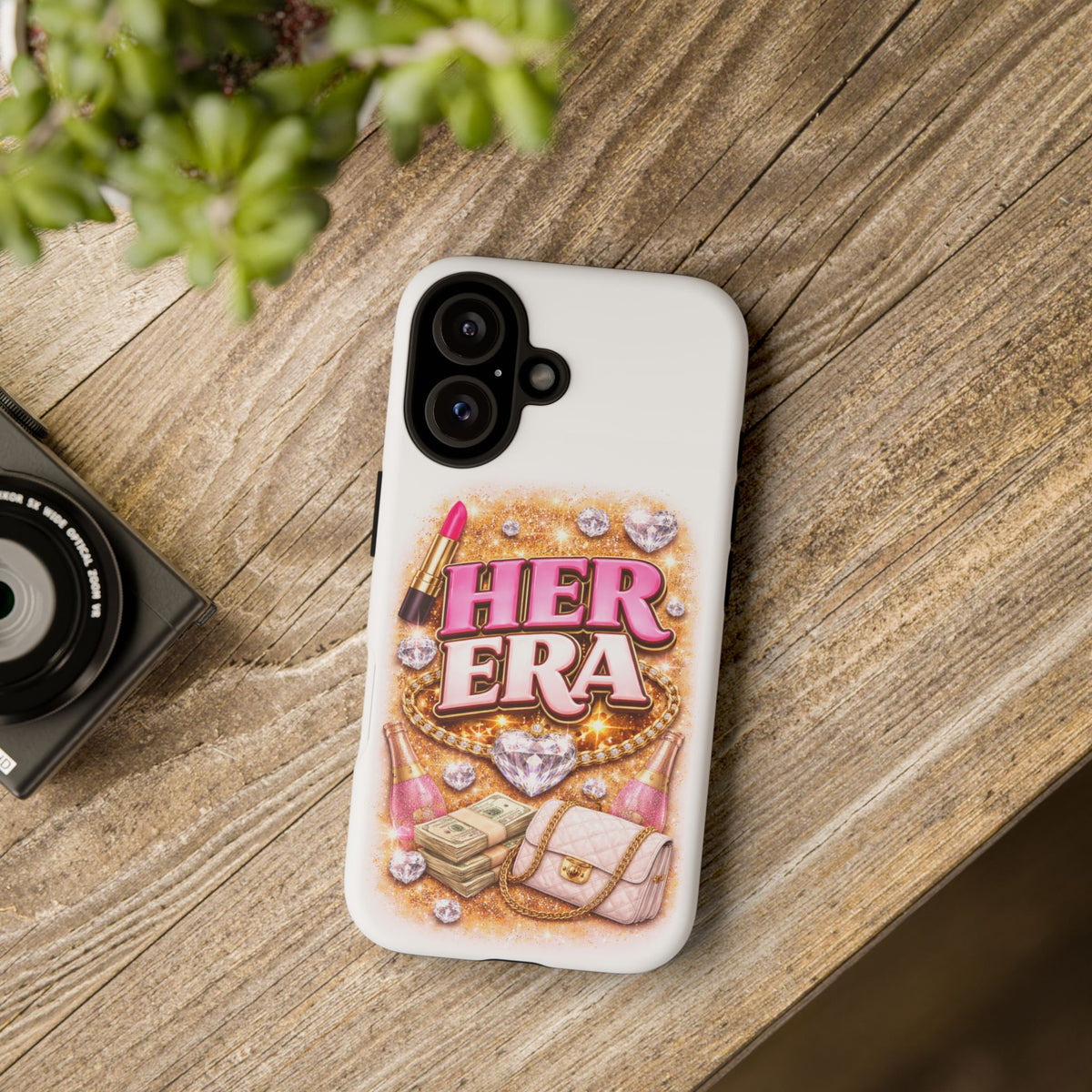 Her Era Phone Case — Glamorous Pink Lipstick, Purse & Diamonds Protective Cover