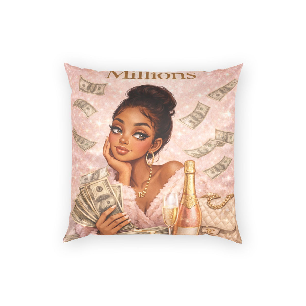 Glam Girl Money Pillow — Poly Velvet Decorative Throw Pillow with Champagne & Cash Design