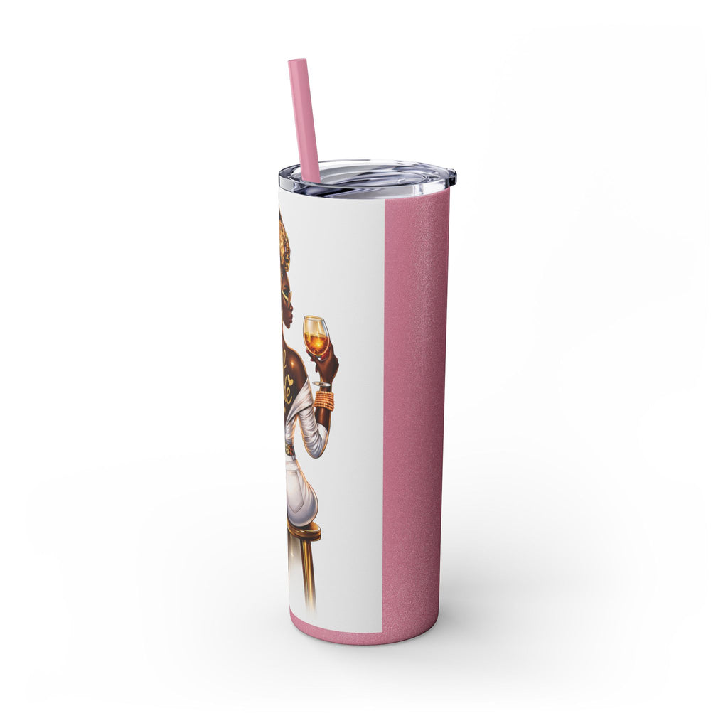 Skinny Tumbler - "Self Made" Afrocentric Woman Wine Glass Design, 20oz Straw Tumbler