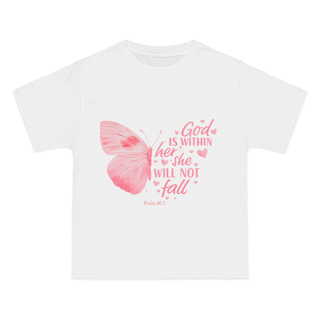 Inspirational Christian T-Shirt — "God Is With Her; She Will Not Fall" (Pink Butterfly)