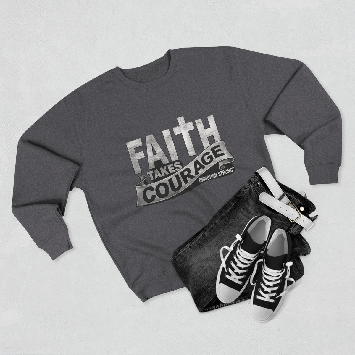 Faith Takes Courage Sweatshirt – Christian Inspirational Joshua 1:9 Scripture Pullover | Faith-Based Gift | Unisex Cozy Crewneck